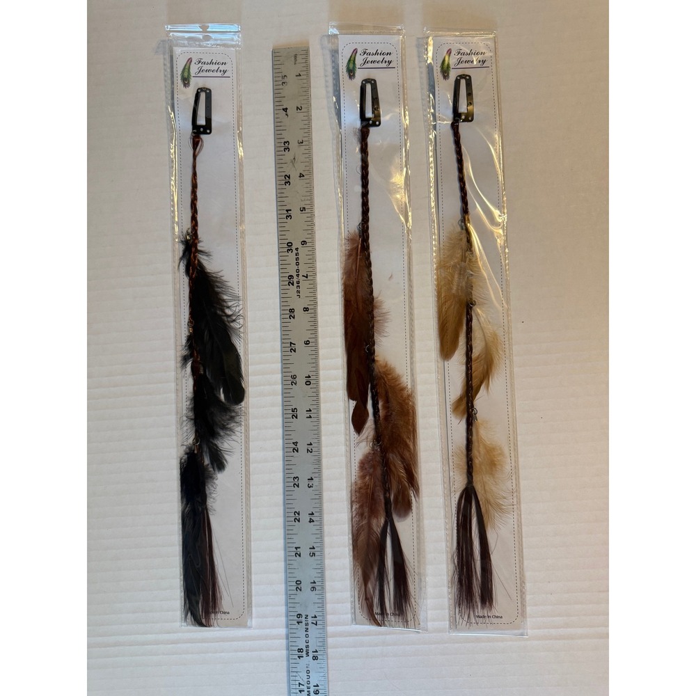 Vintage 1990s NOS Feather Hair Extensions Clips Set of 3 Black Brown Tan Boho